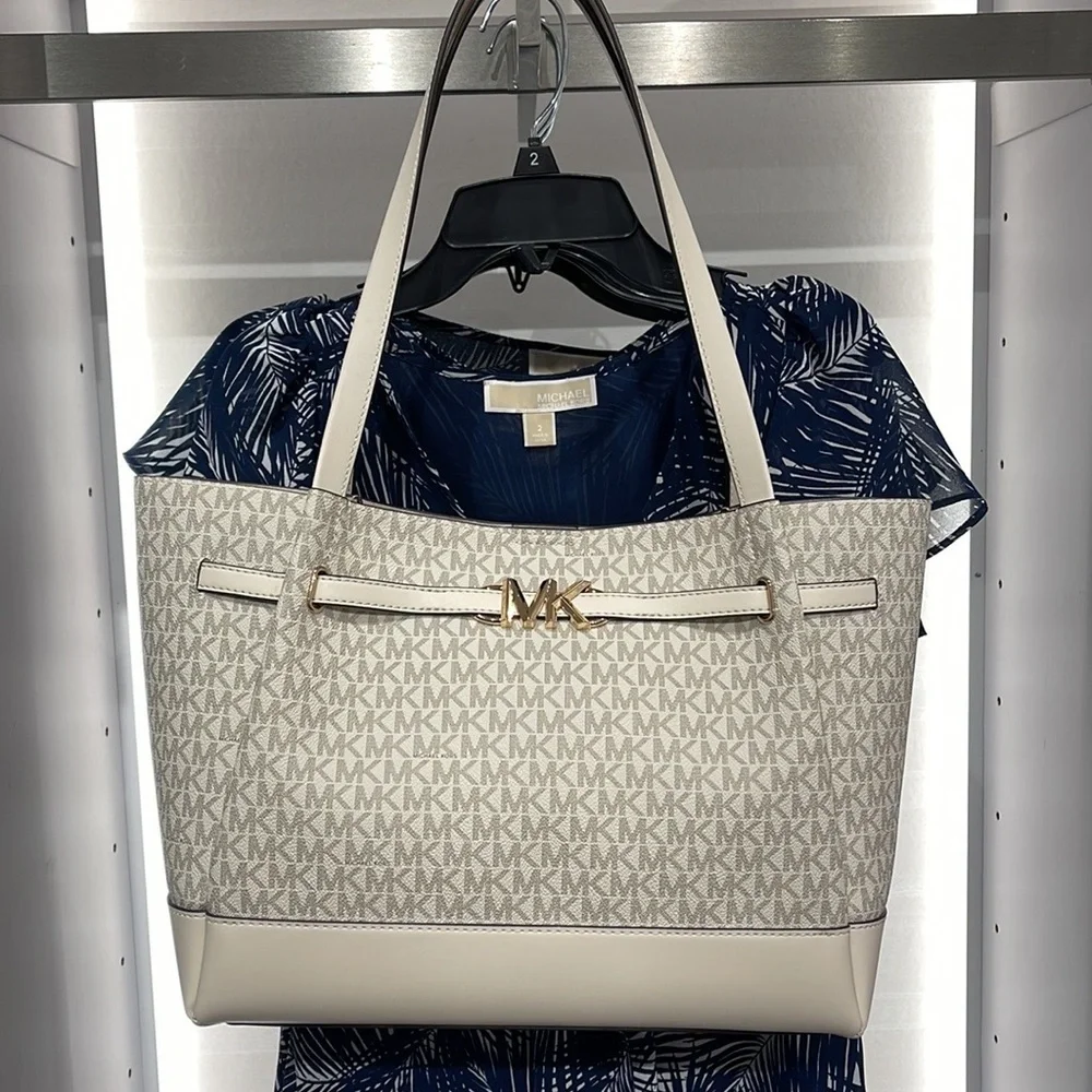 MICHAEL KORS Reed Large Logo Shoulder Tote Bag Light Cream Multi 35S3G6RT3B NWT